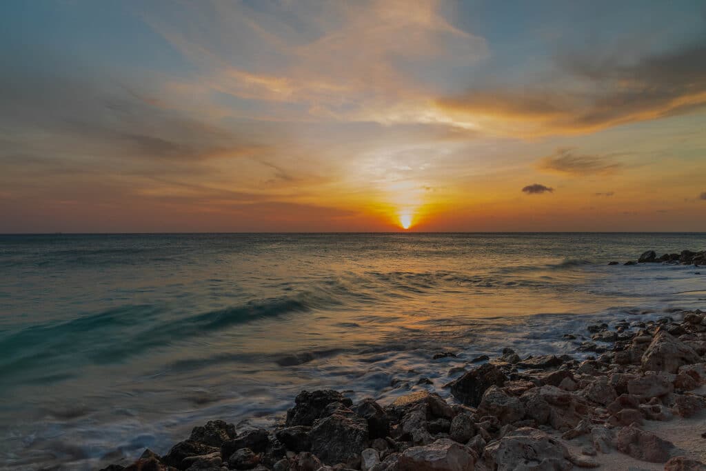 Gorgeous Colorful View Of Sunset On Aruba. Beautiful Nature Land