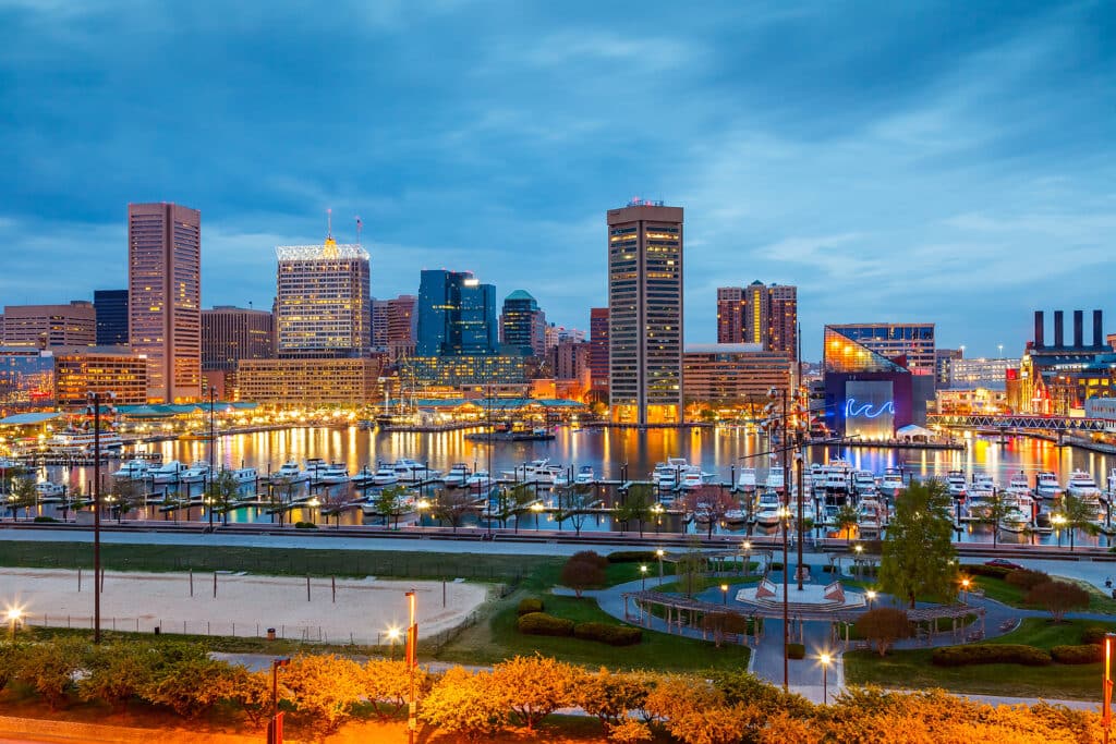 View on downtown of Baltimore at night